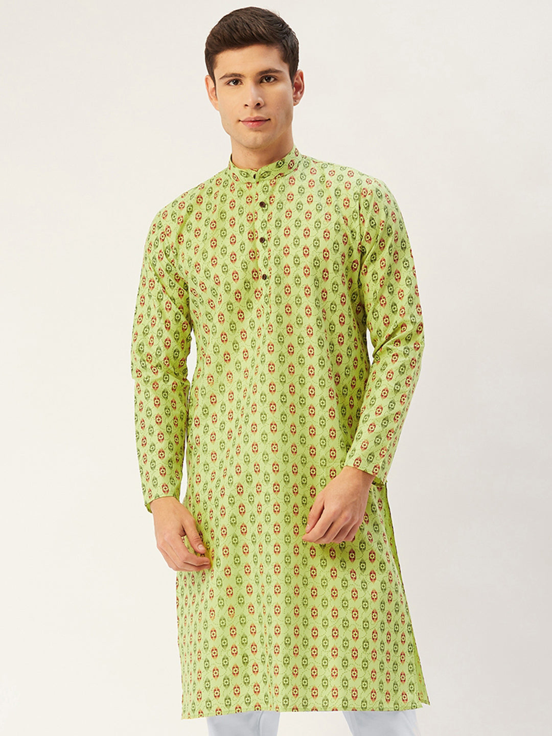 Jompers Men's Green Cotton Ikat printed kurta Only | Swadesiicart