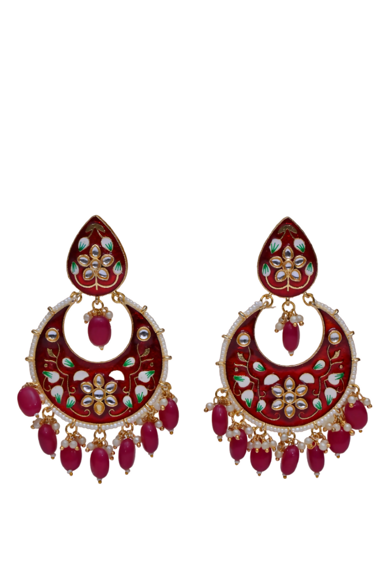 Red Gold-Polished Brass & Pearl Dangle Women Earrings| Hand Painted Meenakari Chandbali Traditional Ethnic Wear Earrings By House of Ree - Swadesiicart