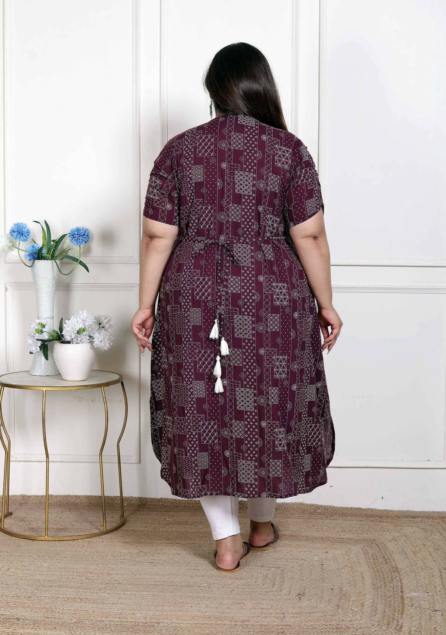 Miravan Women's Plus Size Wine Mandarin Neck Floral Printed A-Line Party wear Kurta - Swadesiicart