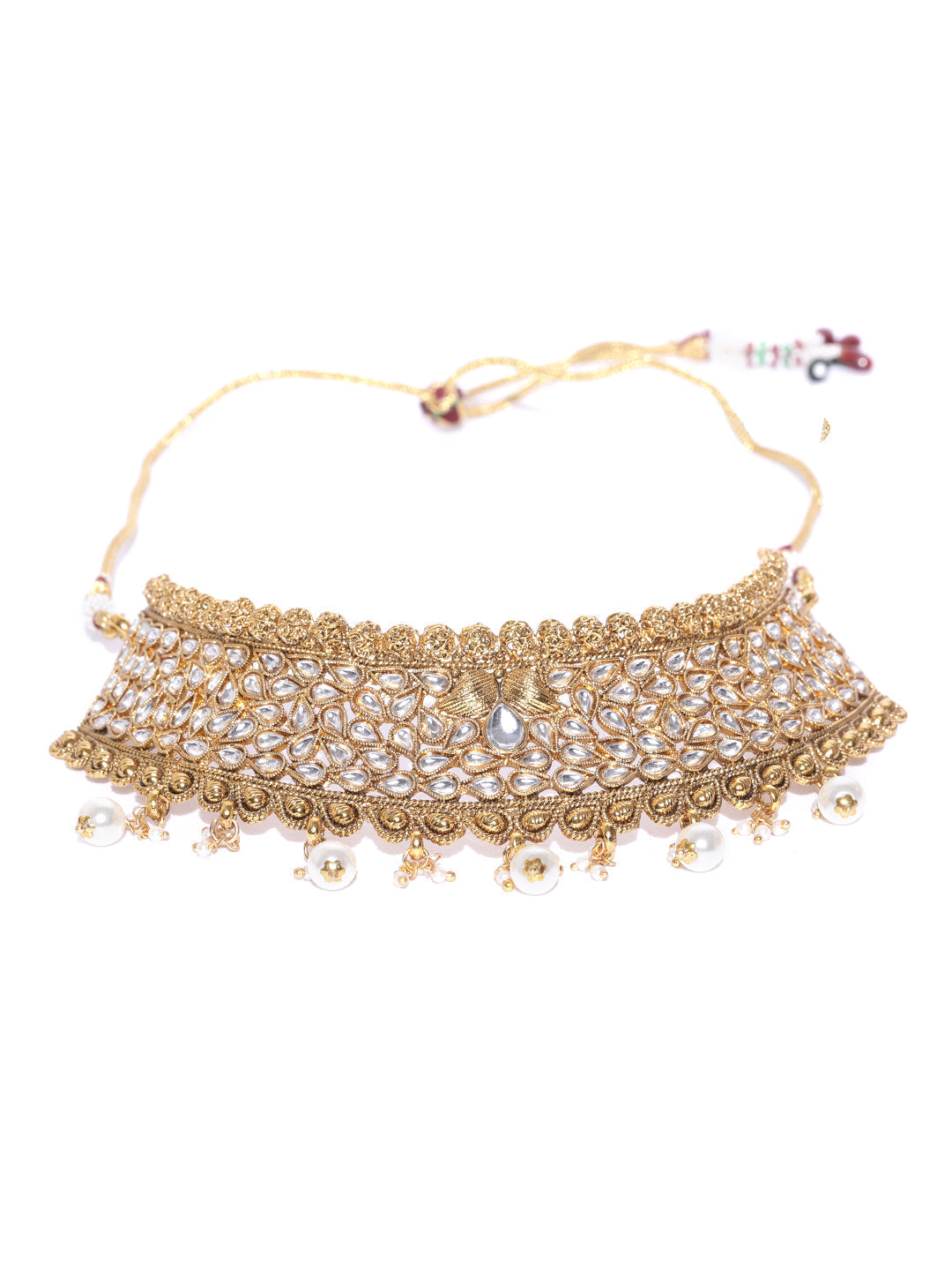 Priyaasi Women White Beads Pearls Kundan Gold-Polished MaangTika Jewellery Set - Swadesiicart