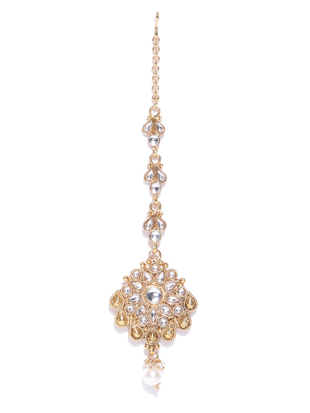 Priyaasi Women White Beads Pearls Kundan Gold-Polished MaangTika Jewellery Set - Swadesiicart