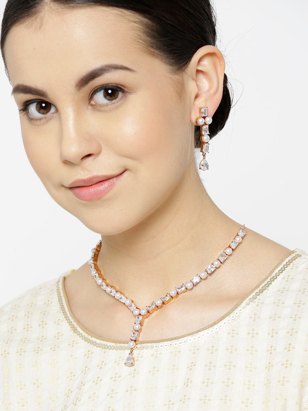 Priyaasi Women American Diamond Pearls Rose Gold-Polished Jewellery Set - Swadesiicart