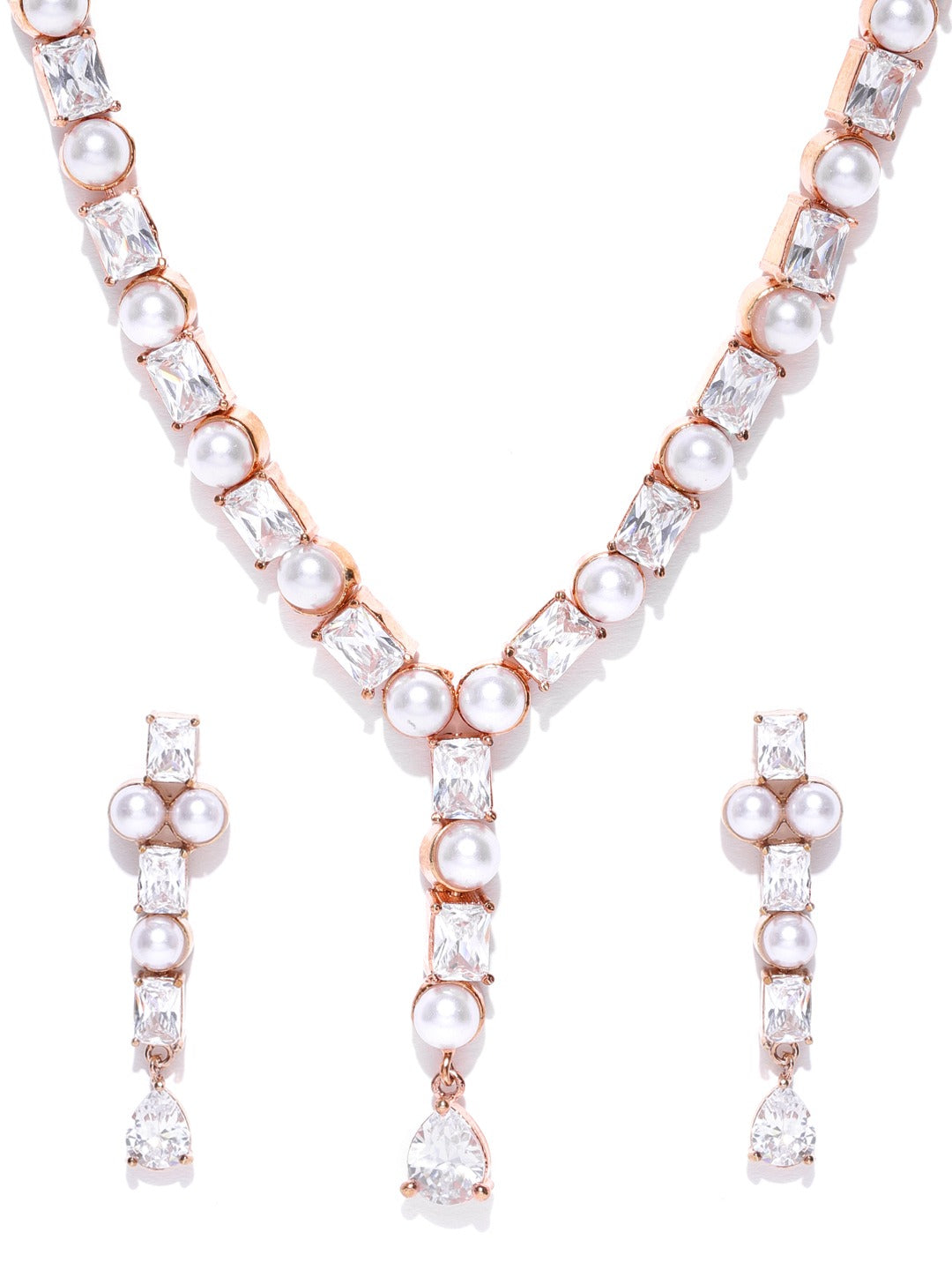 Priyaasi Women American Diamond Pearls Rose Gold-Polished Jewellery Set - Swadesiicart