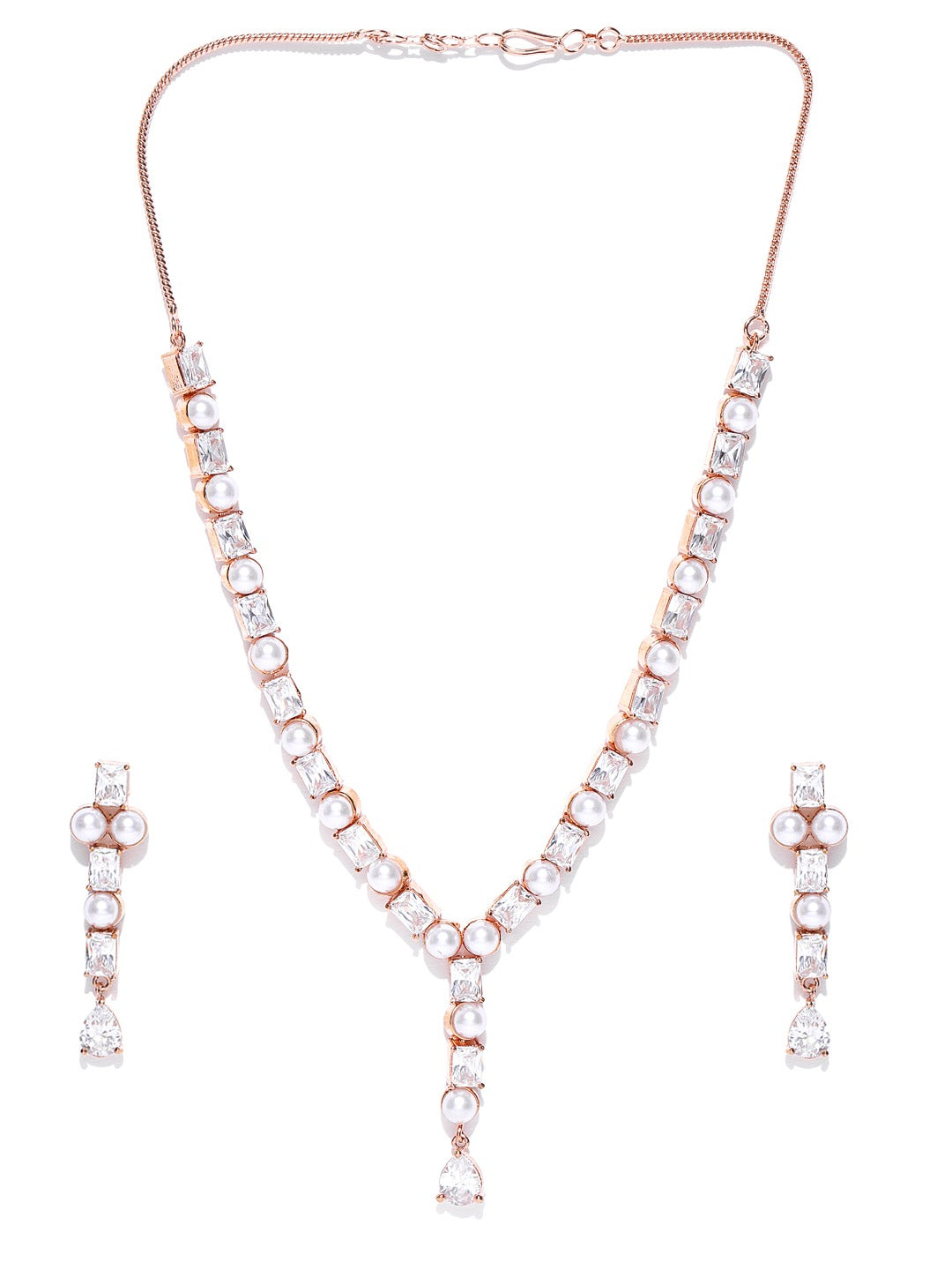Priyaasi Women American Diamond Pearls Rose Gold-Polished Jewellery Set - Swadesiicart