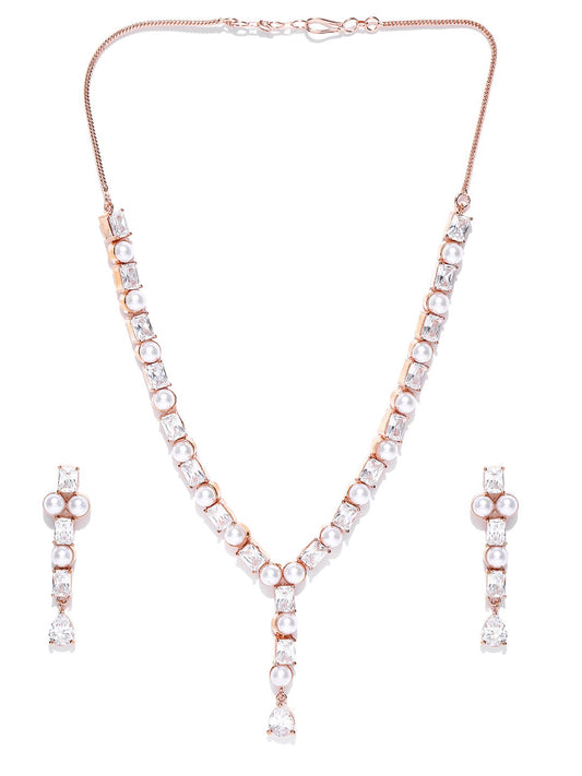 Priyaasi Women American Diamond Pearls Rose Gold-Polished Jewellery Set - Swadesiicart