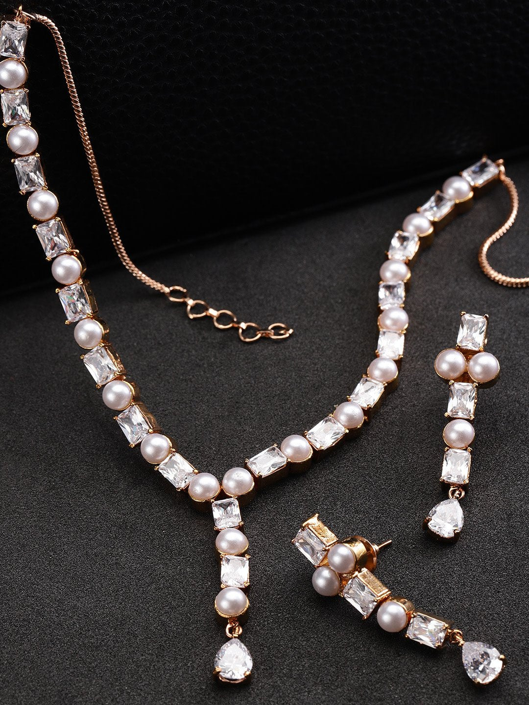 Priyaasi Women American Diamond Pearls Rose Gold-Polished Jewellery Set - Noz2Toz