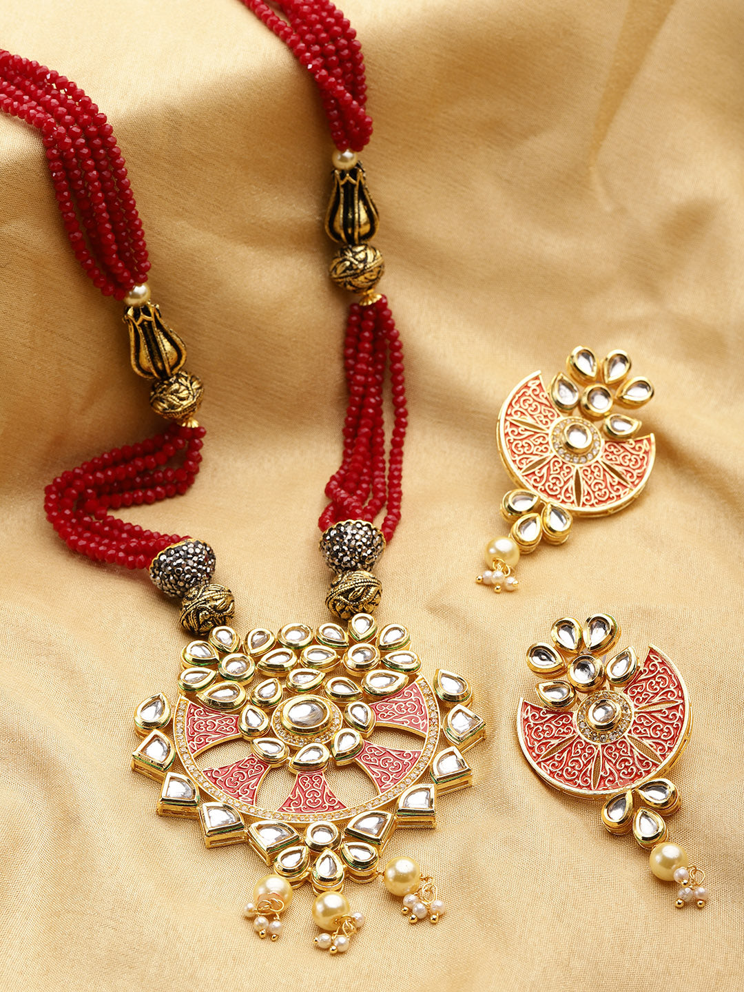 Priyaasi Women Red Beads Kundan Pearls Gold-Polished Jewellery Set - Noz2Toz