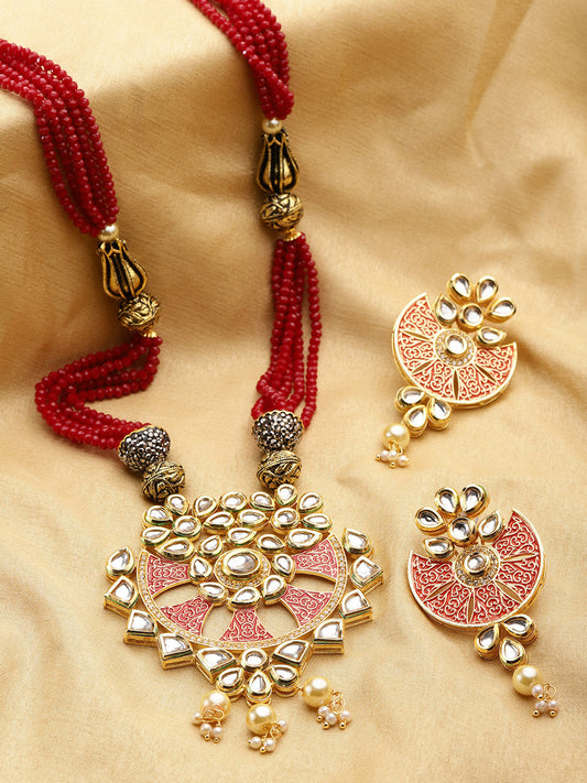Priyaasi Women Red Beads Kundan Pearls Gold-Polished Jewellery Set - Noz2Toz