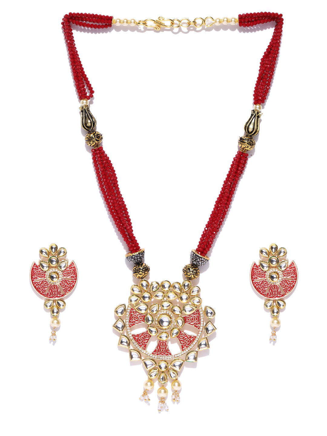 Priyaasi Women Red Beads Kundan Pearls Gold-Polished Jewellery Set - Swadesiicart