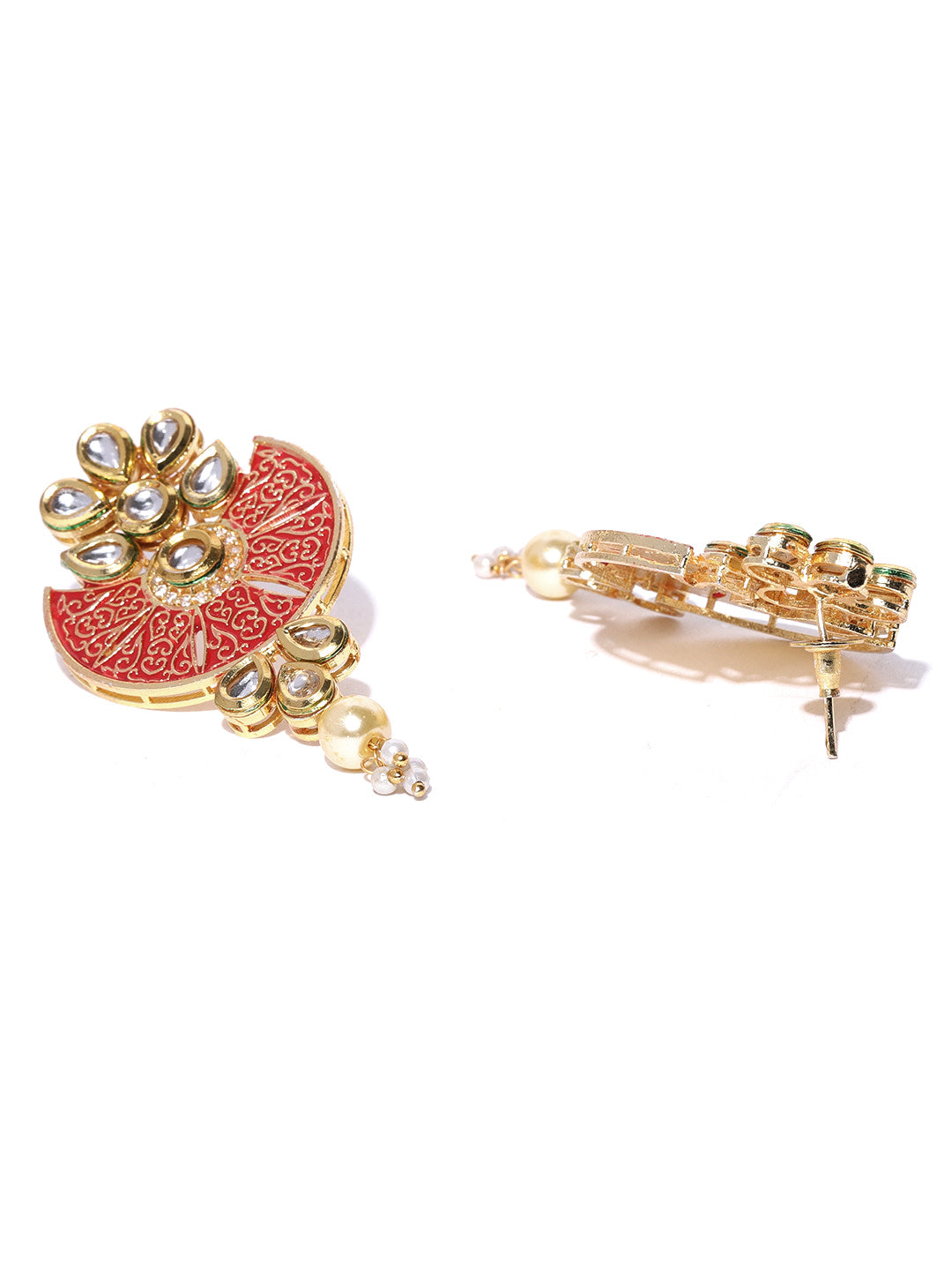 Priyaasi Women Red Beads Kundan Pearls Gold-Polished Jewellery Set - Swadesiicart
