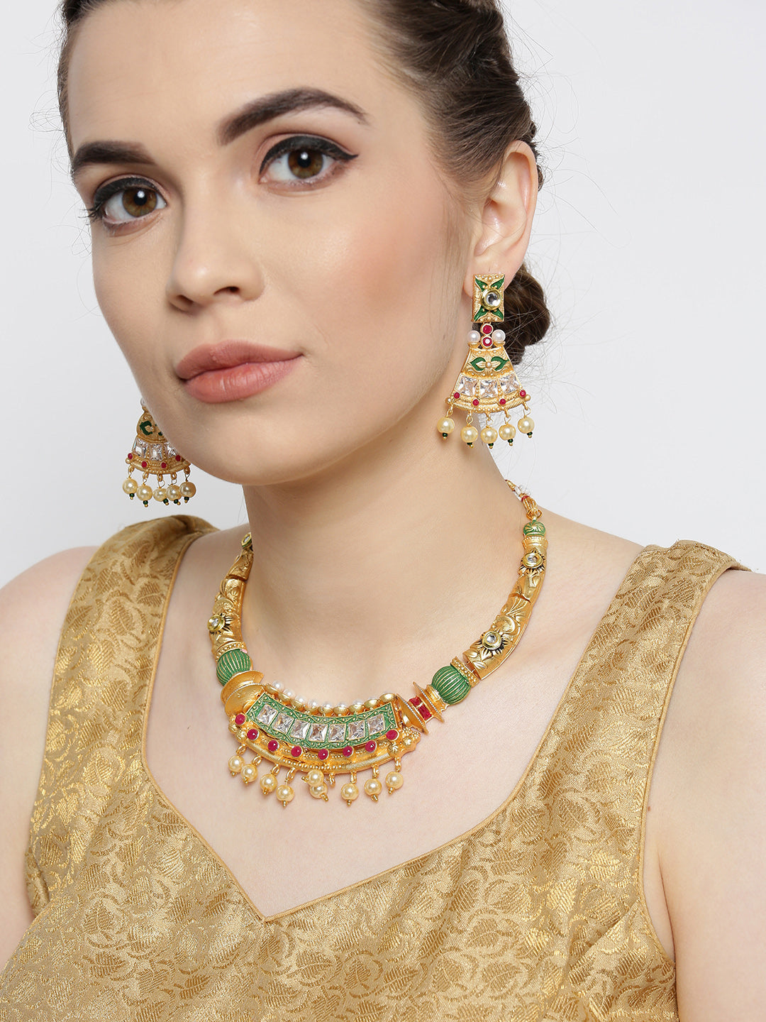 Priyaasi Women Ruby Pearls Stones Gold-Polished Meenakari Jewellery Set - Swadesiicart