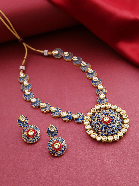 Priyaasi Women Blue Red Kundan Gold-Polished Meenakari Jewellery Set - Noz2Toz