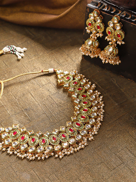 Priyaasi Women Gold-Polished Kundan And Ruby Studded Jewellery Set - Noz2Toz