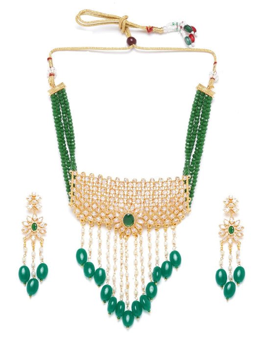 Priyaasi Women Green Beads Kundan Emerald Gold-Polished Jewellery Set - Swadesiicart