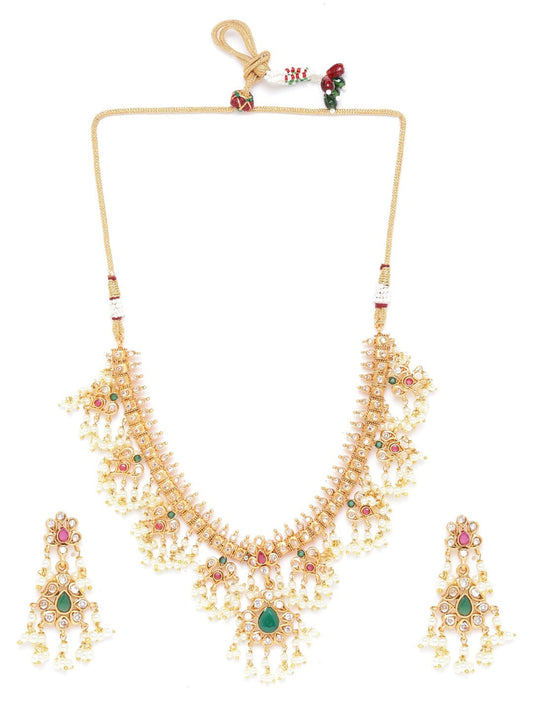 Priyaasi Women Ruby Emerald Kundan Beads Gold-Polished Jewellery Set - Swadesiicart