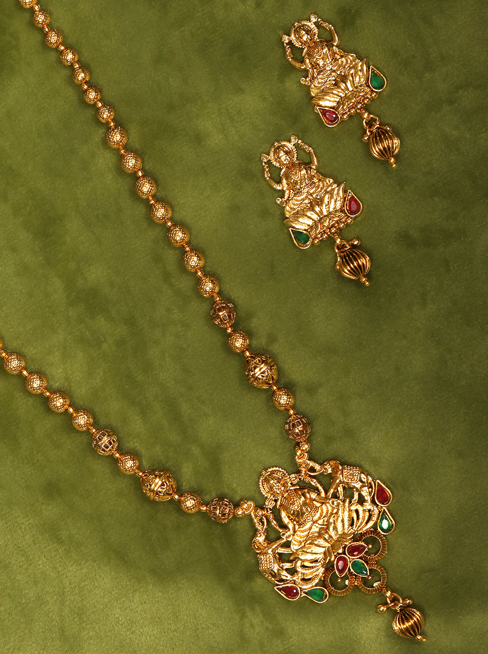 Priyaasi Women Ruby Emerald Beads Gold-Polished Temple Jewellery Set - Swadesiicart
