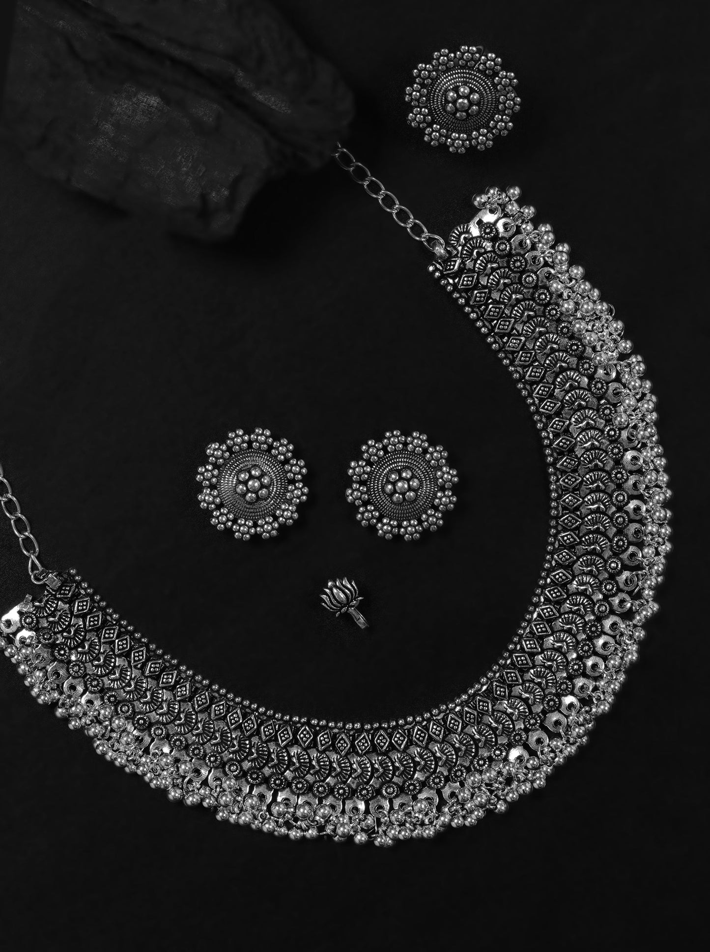 Priyaasi Women German Silver Oxidised Ghungroo Jewellery Set With Ring & Nosepin - Noz2Toz