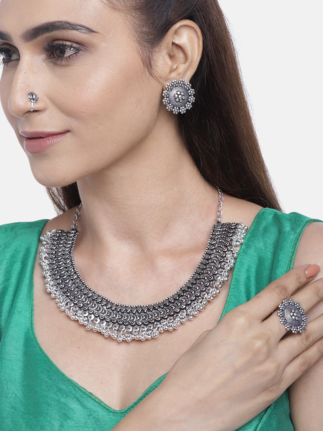 Priyaasi Women German Silver Oxidised Ghungroo Jewellery Set With Ring & Nosepin - Swadesiicart
