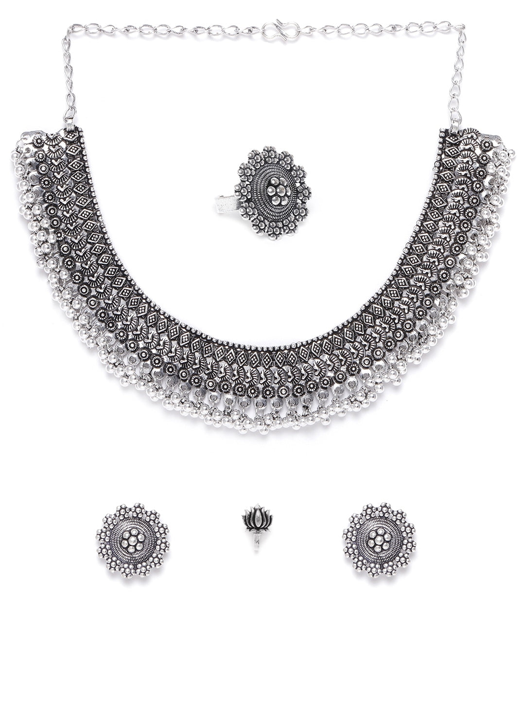 Priyaasi Women German Silver Oxidised Ghungroo Jewellery Set With Ring & Nosepin - Swadesiicart