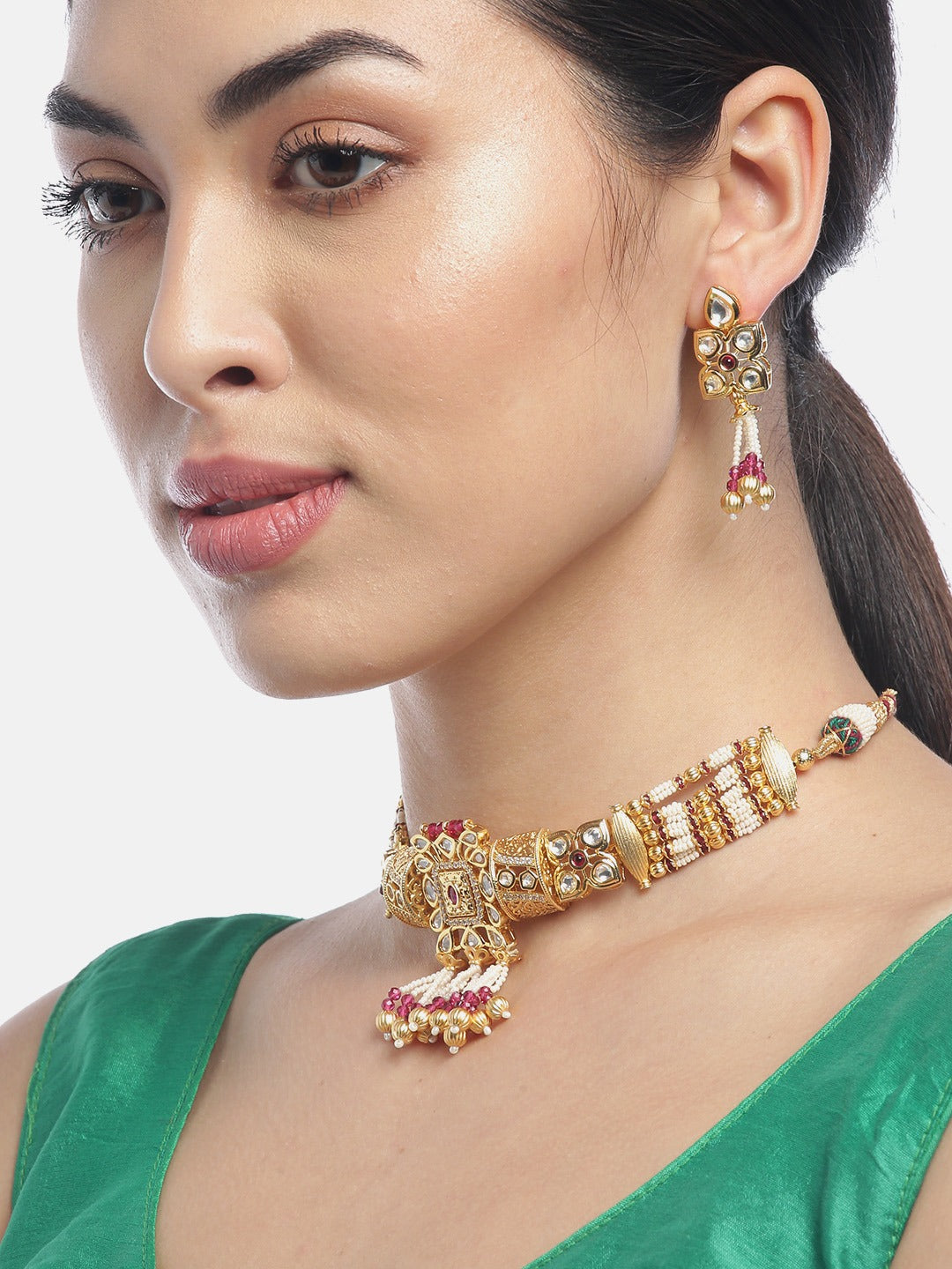 Priyaasi Women Red White Beads Kundan Gold-Polished Jewellery Set - Swadesiicart