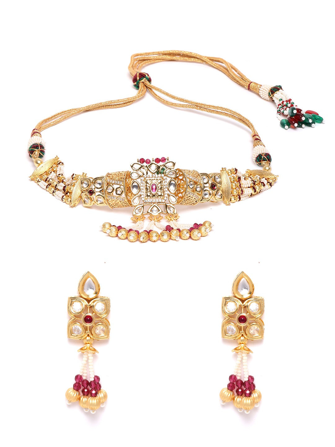 Priyaasi Women Red White Beads Kundan Gold-Polished Jewellery Set - Swadesiicart