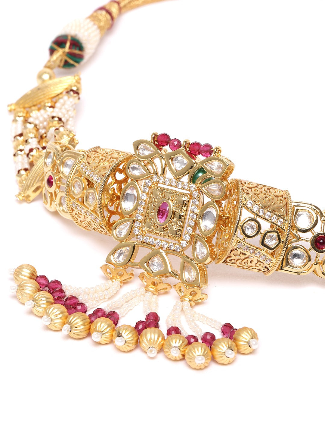 Priyaasi Women Red White Beads Kundan Gold-Polished Jewellery Set - Swadesiicart