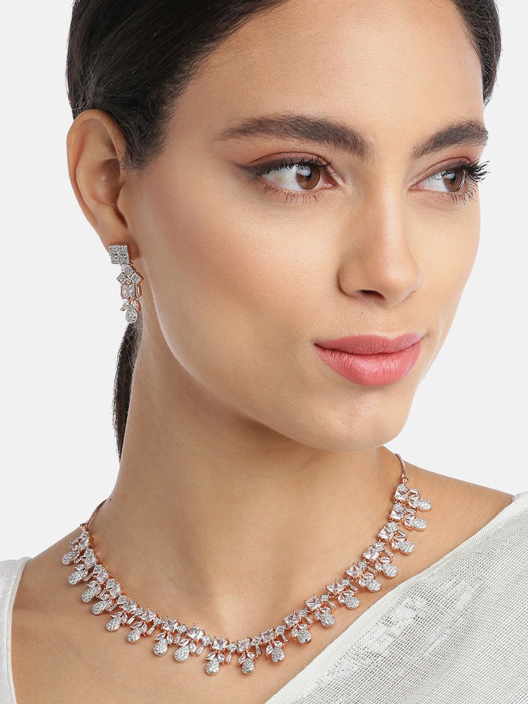 Priyaasi Women American Diamond Rose Gold-Polished Leaf Jewellery Set - Swadesiicart