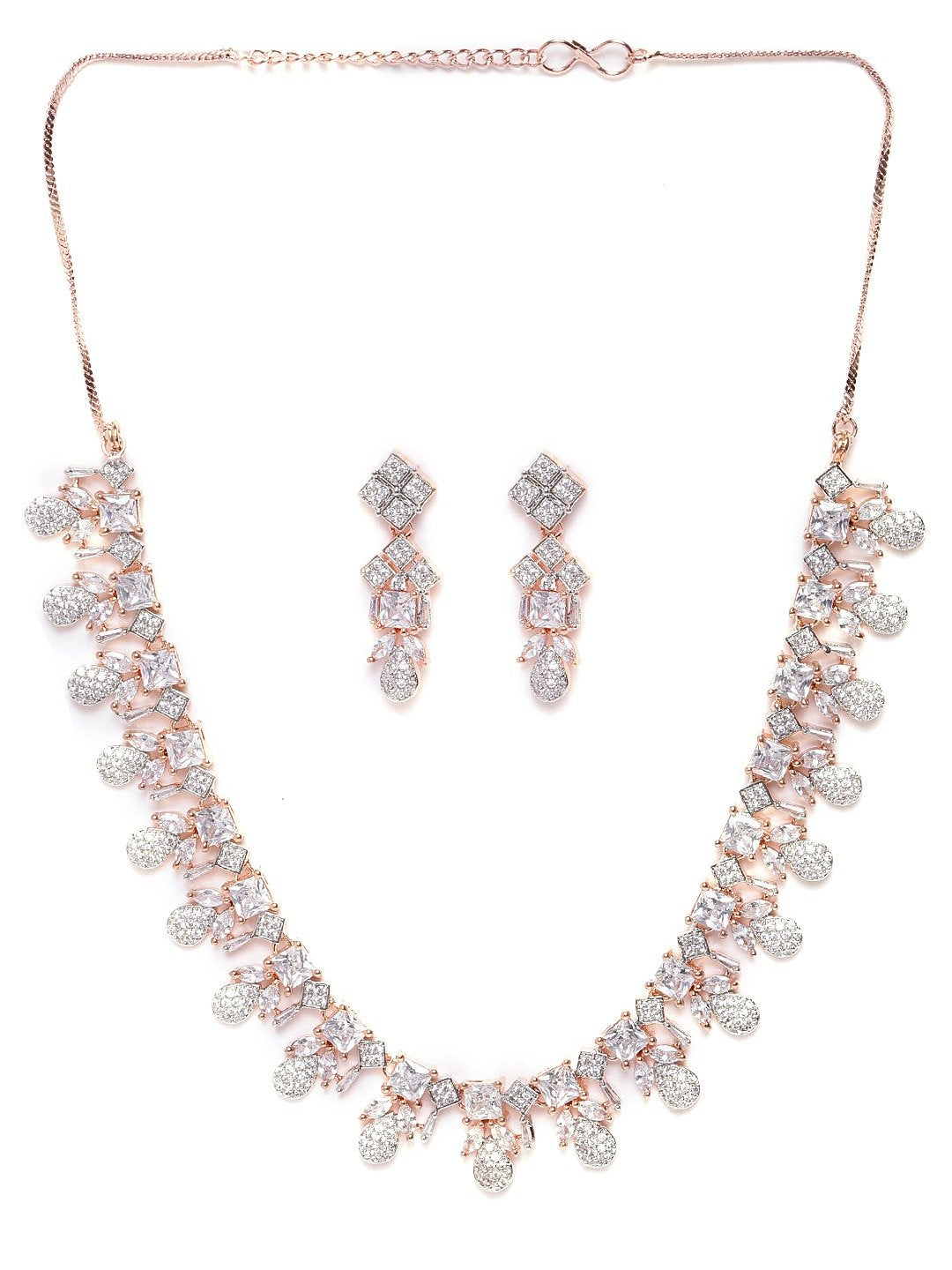 Priyaasi Women American Diamond Rose Gold-Polished Leaf Jewellery Set - Swadesiicart