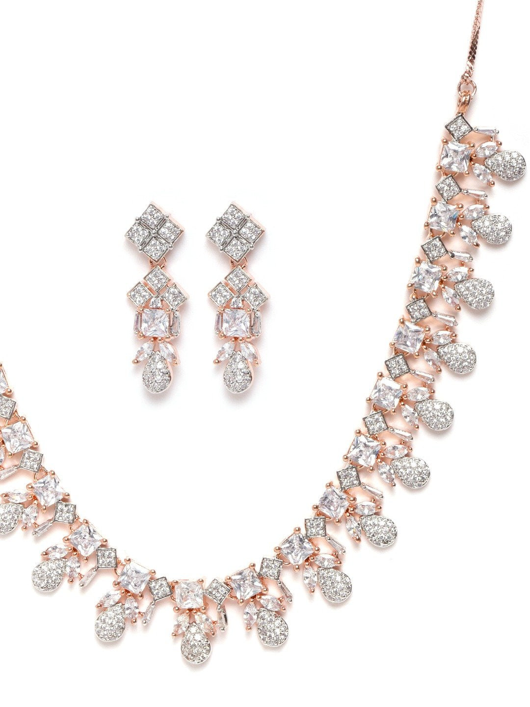 Priyaasi Women American Diamond Rose Gold-Polished Leaf Jewellery Set - Swadesiicart