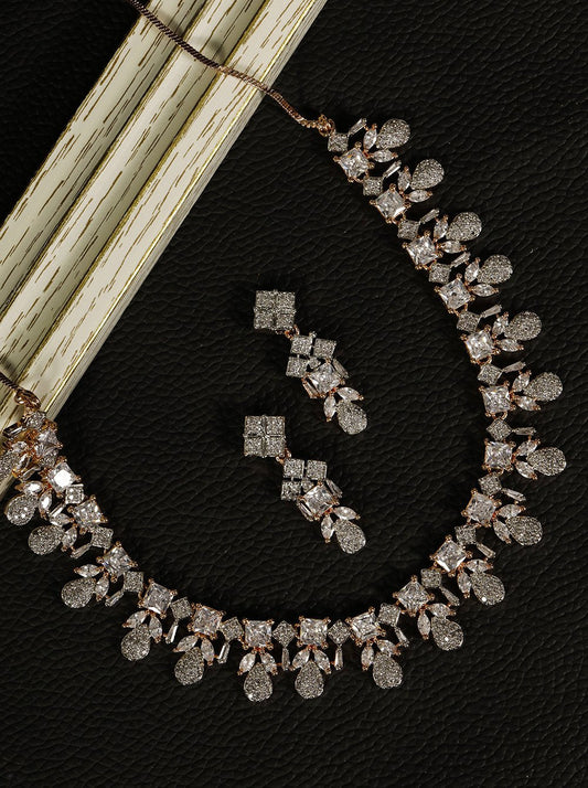 Priyaasi Women American Diamond Rose Gold-Polished Leaf Jewellery Set - Noz2Toz