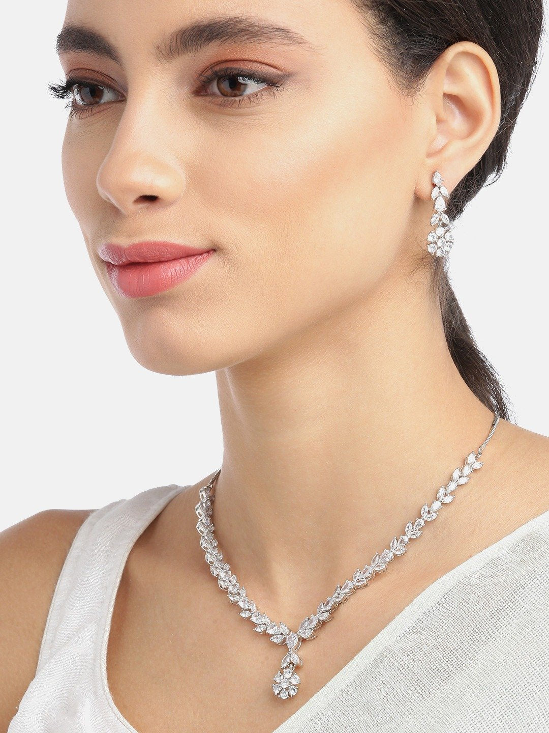 Priyaasi Women American Diamond Silver Plated Leaf Jewellery Set - Swadesiicart