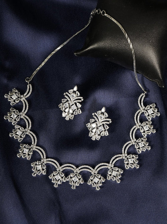 Priyaasi Women American Diamond Silver Plated Floral Jewellery Set - Noz2Toz