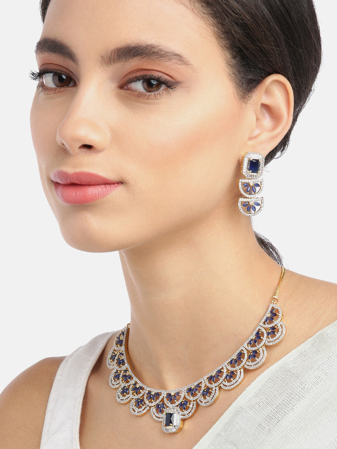 Priyaasi Women Blue American Diamond Gold-Polished Jewellery Set - Swadesiicart