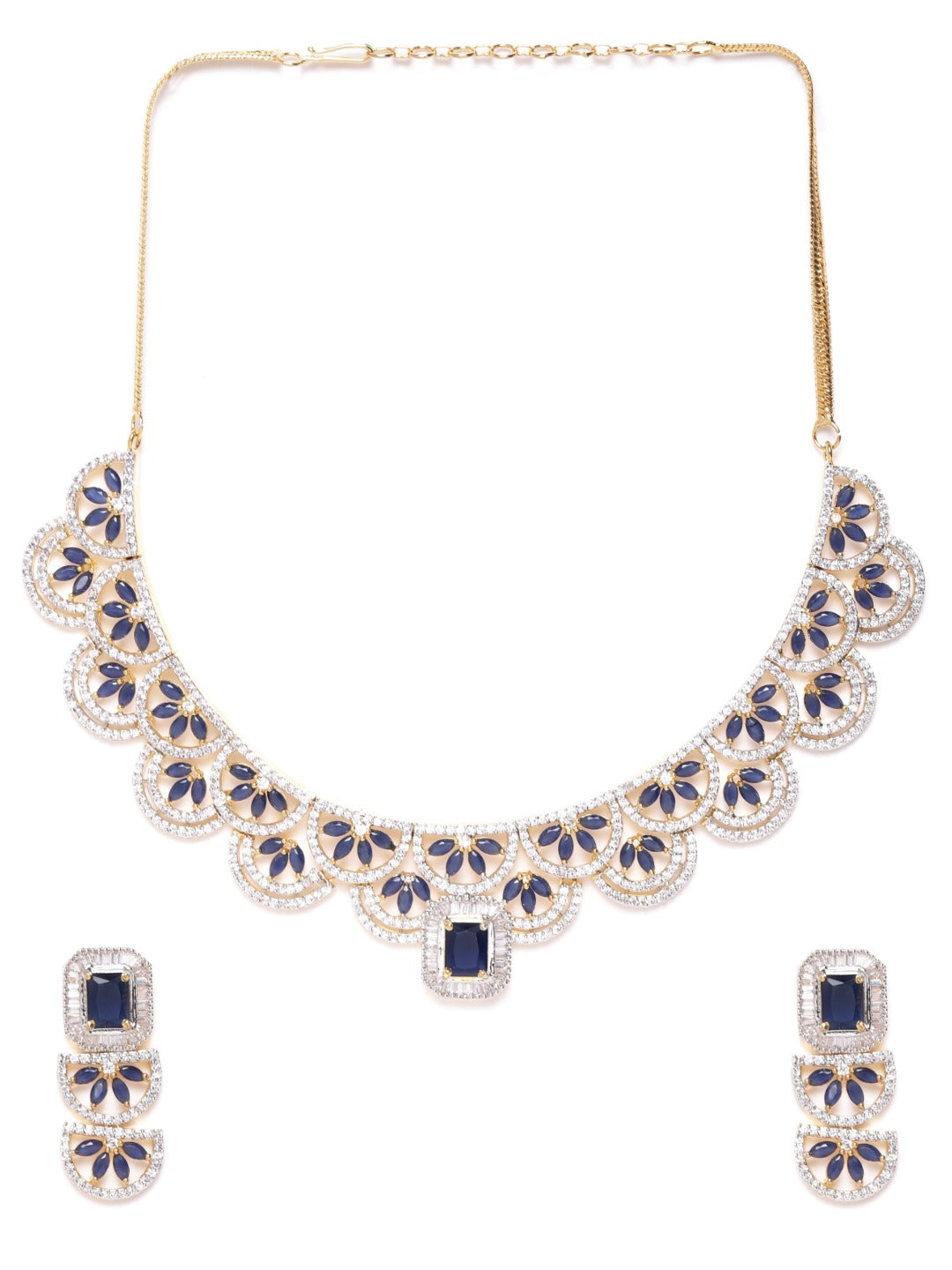 Priyaasi Women Blue American Diamond Gold-Polished Jewellery Set - Swadesiicart