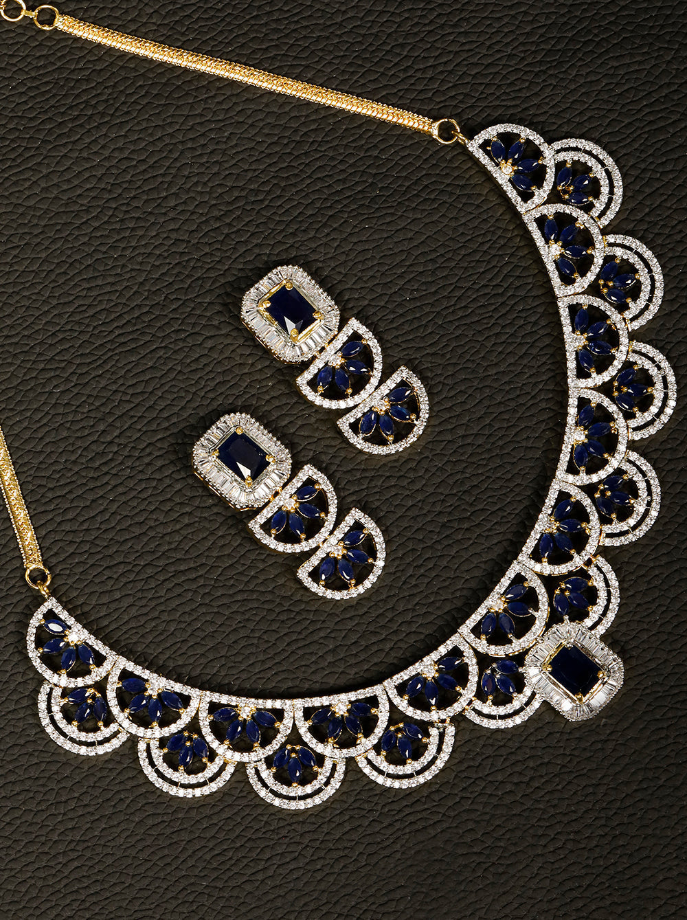 Priyaasi Women Blue American Diamond Gold-Polished Jewellery Set - Noz2Toz