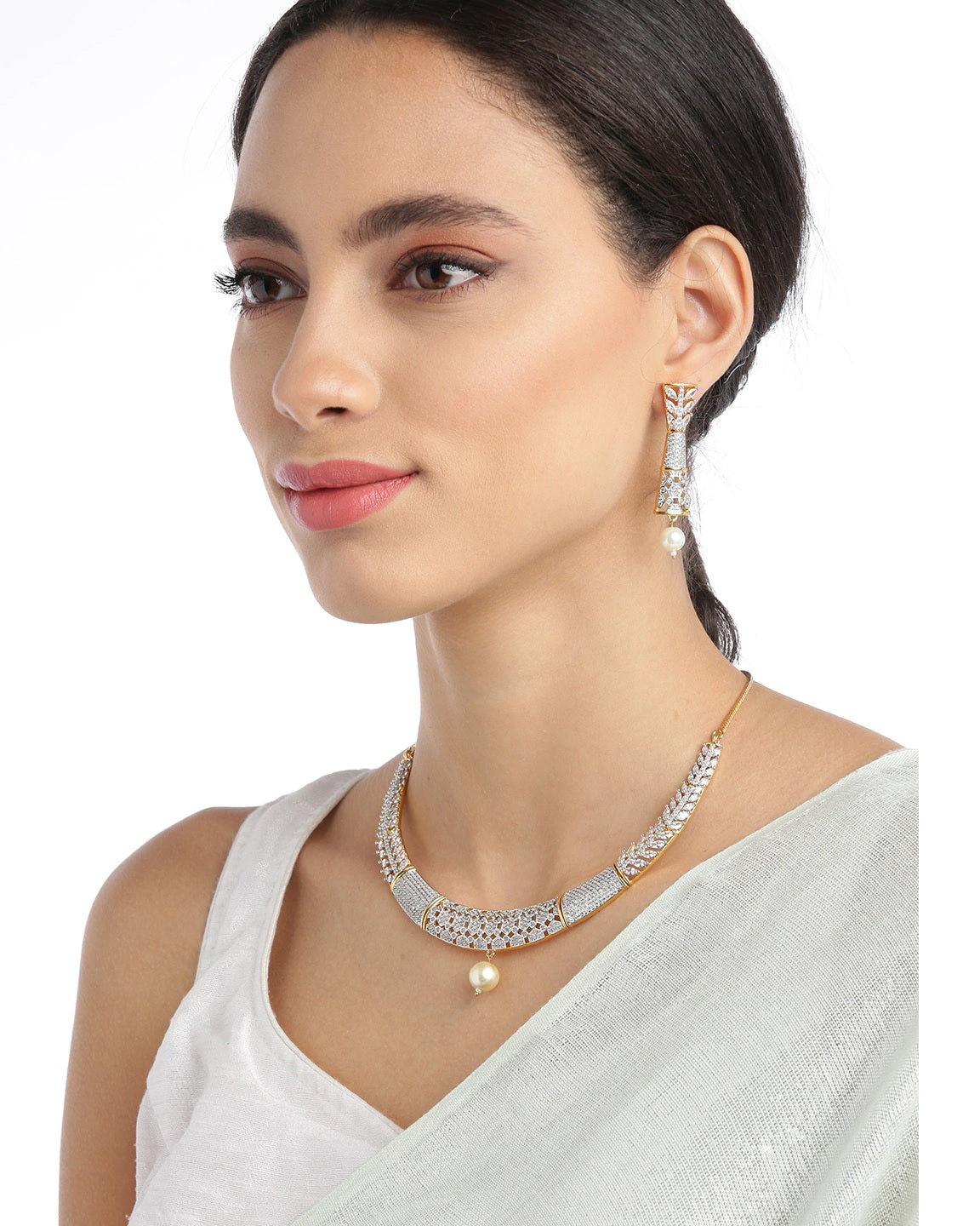 Priyaasi Women Pearls American Diamond Gold Pated Jewellery Set - Swadesiicart
