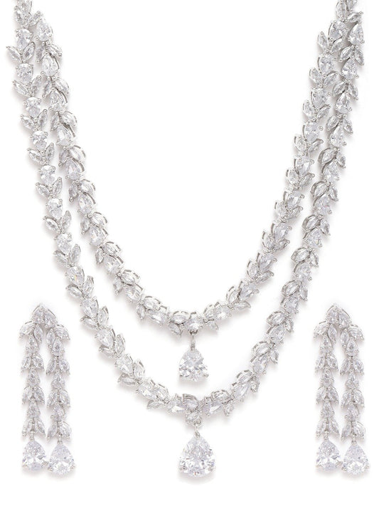 Priyaasi Women Eternal Moondust - American Diamond Silver Plated Leaf Layered Jewellery Set - Swadesiicart