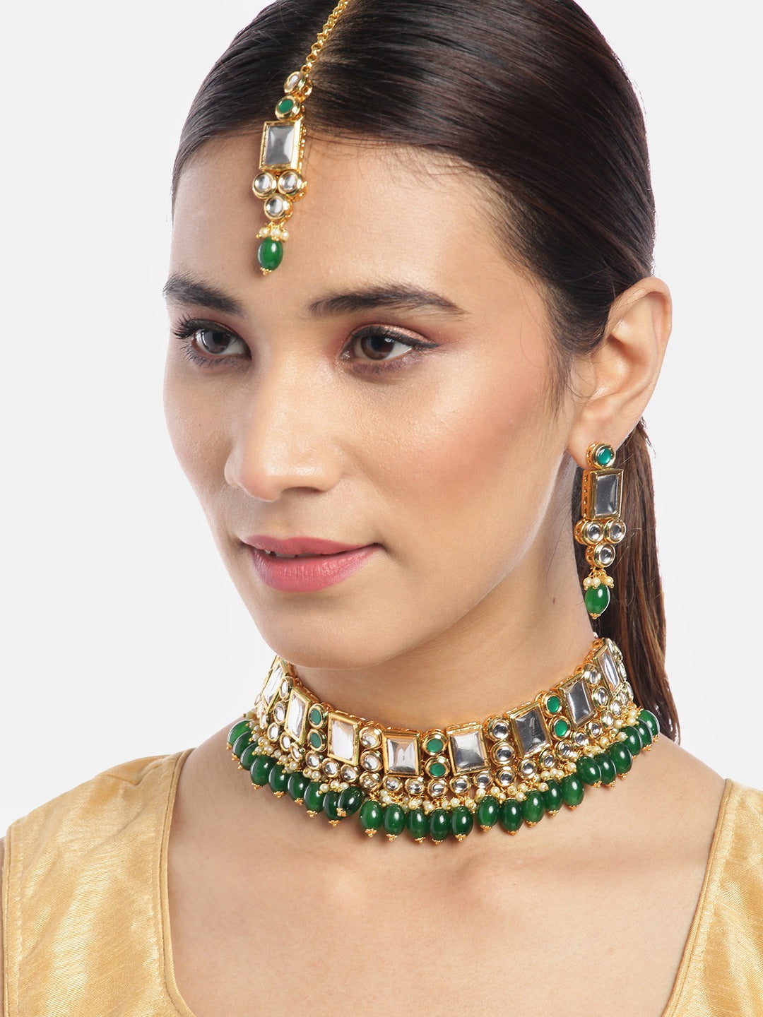 Priyaasi Women Kundan Emerald StonesGold-Polished Jewellery Set - Noz2Toz
