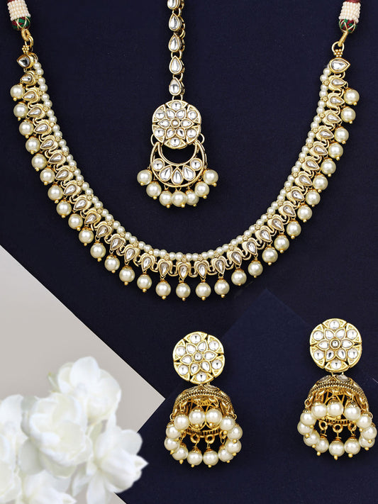 Priyaasi Women White Beads Kundan Pearls Gold-Polished Traditional MaangTika Jewellery Set - Noz2Toz