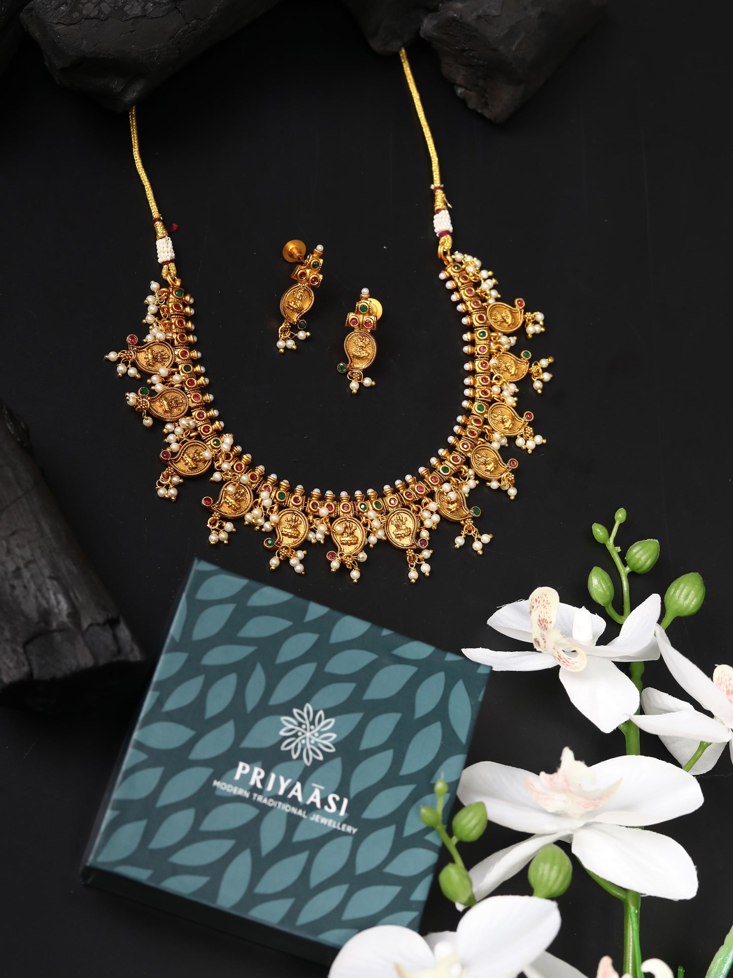Priyaasi Women Beads Ruby Emerald Gold-Polished Temple Jewellery Set - Swadesiicart