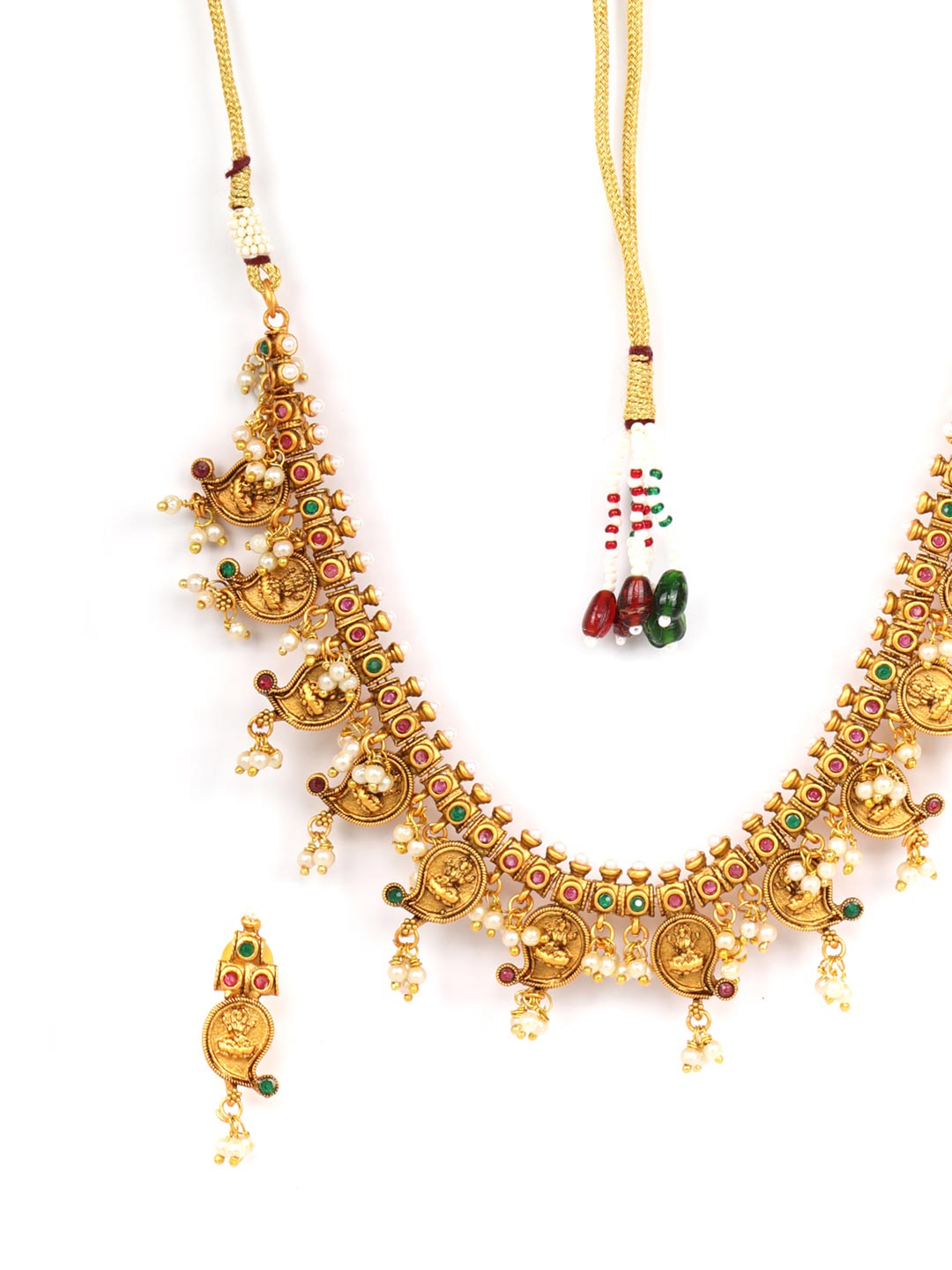 Priyaasi Women Beads Ruby Emerald Gold-Polished Temple Jewellery Set - Swadesiicart