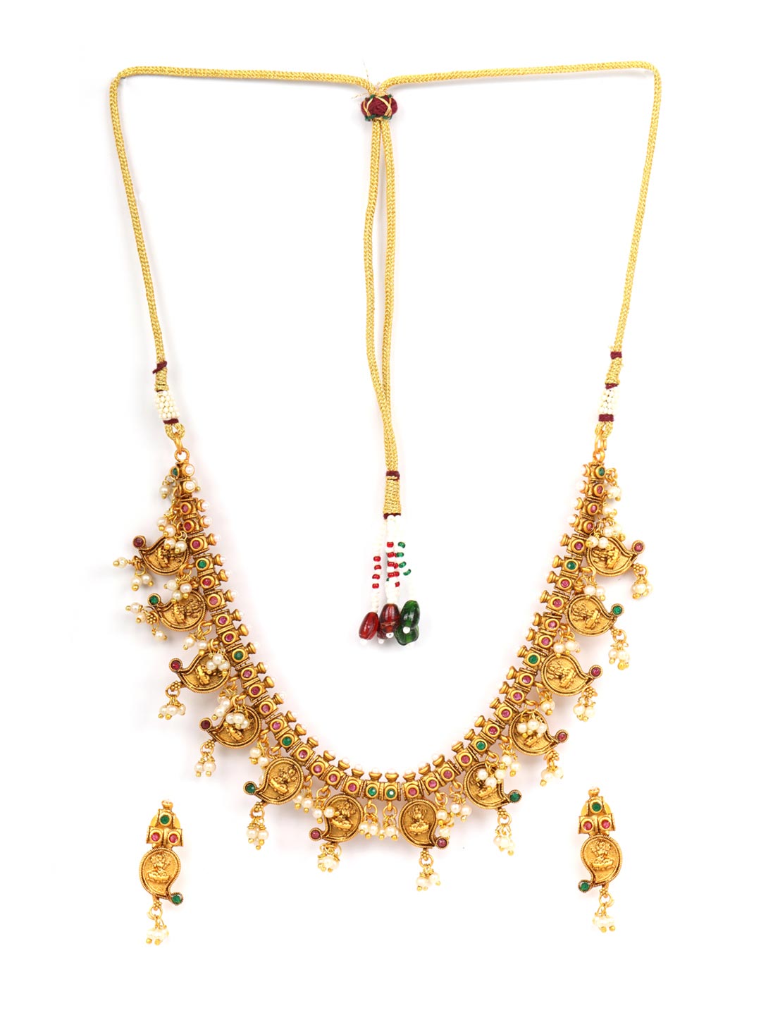 Priyaasi Women Beads Ruby Emerald Gold-Polished Temple Jewellery Set - Swadesiicart