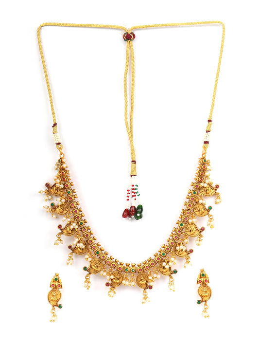 Priyaasi Women Beads Ruby Emerald Gold-Polished Temple Jewellery Set - Swadesiicart