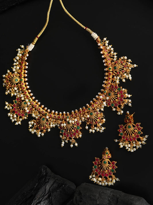 Priyaasi Women Ruby Emerald Beads Gold-Polished Jewellery Set - Noz2Toz