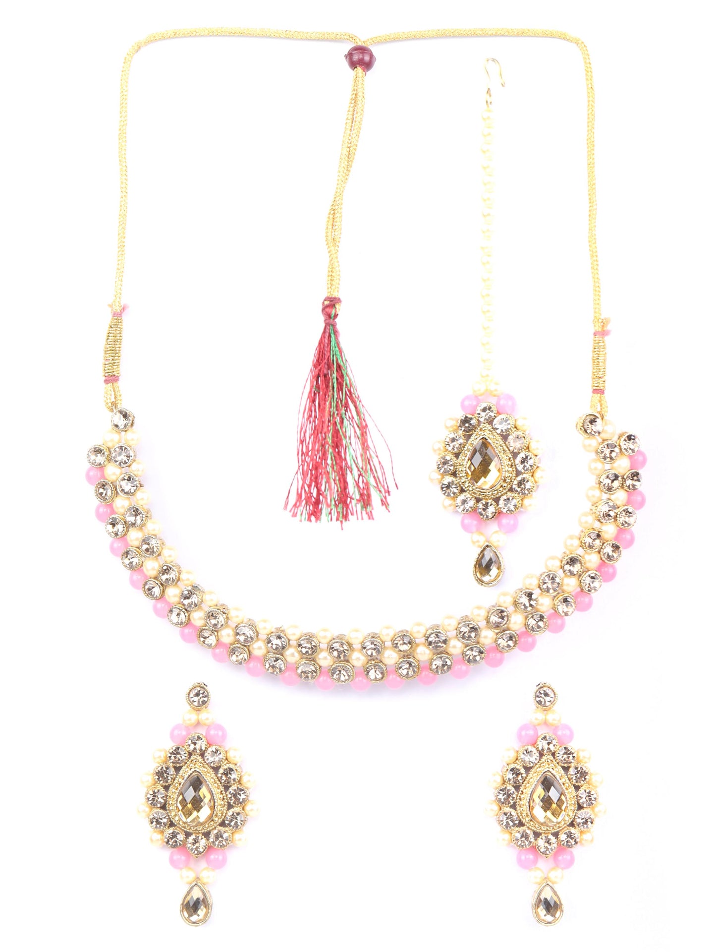 Priyaasi Women Pink Kundan Pearls Gold-Polished Jewellery Set with MaangTikka - Noz2Toz