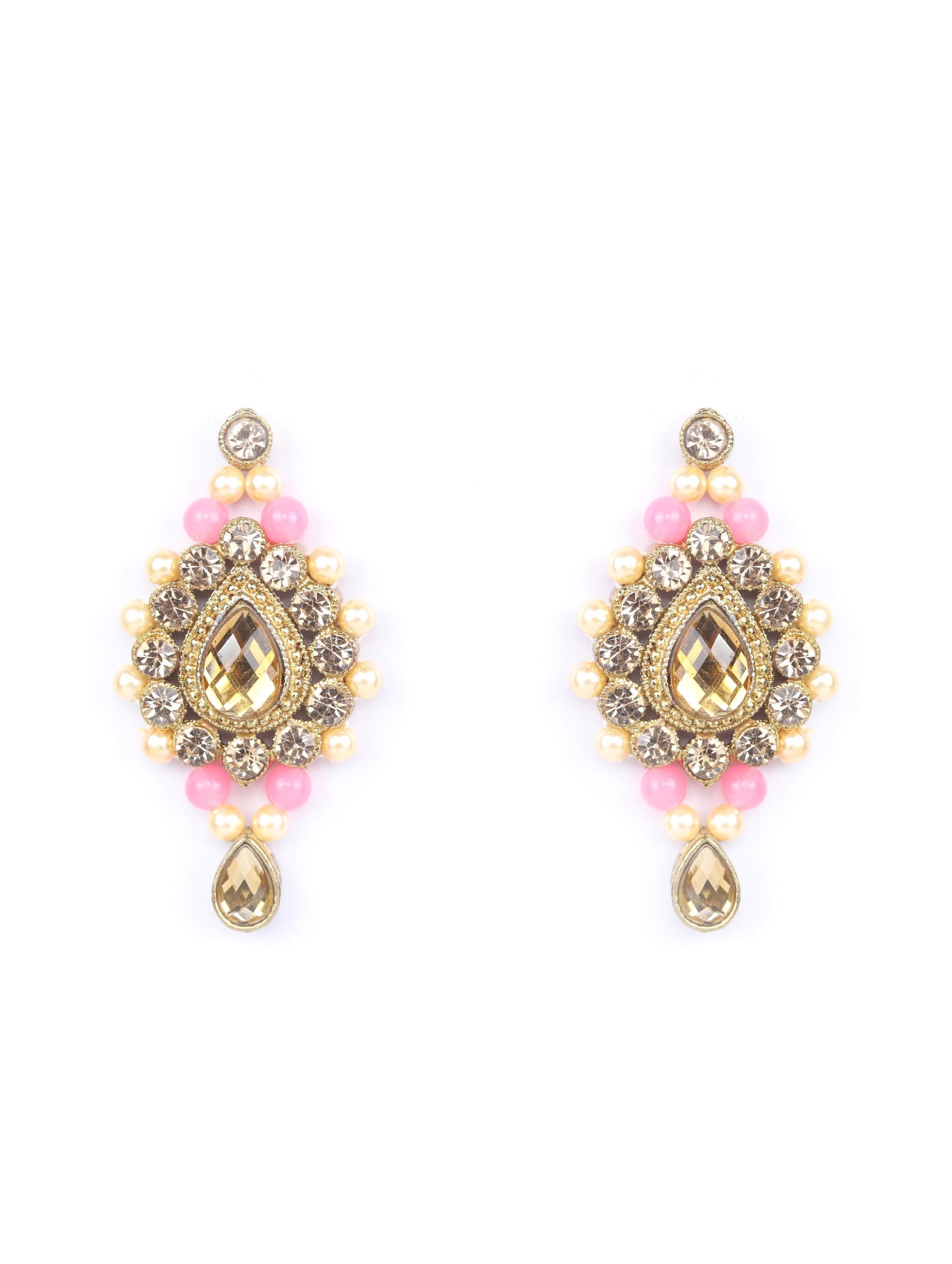Priyaasi Women Pink Kundan Pearls Gold-Polished Jewellery Set with MaangTikka - Swadesiicart