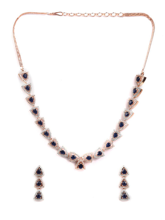Priyaasi Women Blue American Diamond Rose Gold-Polished Jewellery Set - Swadesiicart