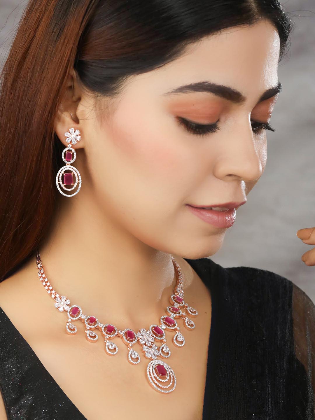 Priyaasi Women Ruby Roll - Pink American Diamond Rose Gold-Polished Jewellery Set - Swadesiicart