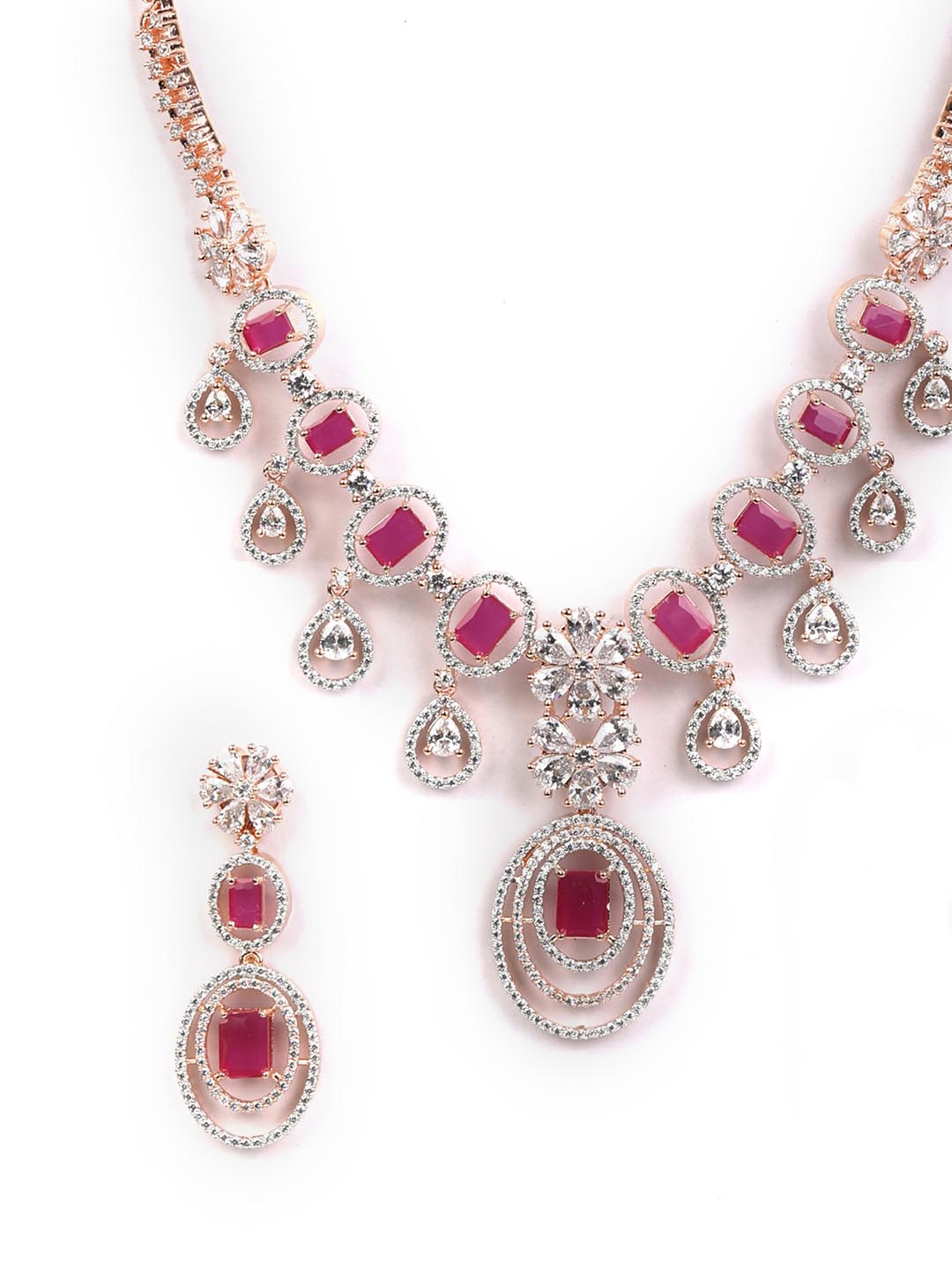 Priyaasi Women Ruby Roll - Pink American Diamond Rose Gold-Polished Jewellery Set - Swadesiicart