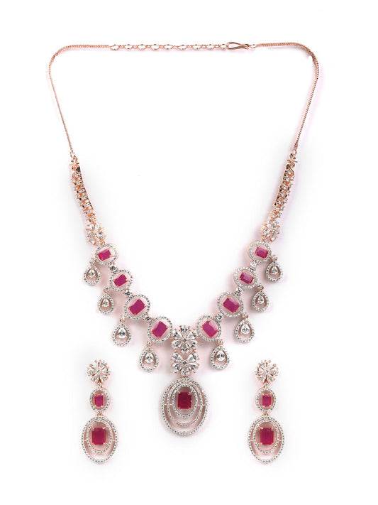 Priyaasi Women Ruby Roll - Pink American Diamond Rose Gold-Polished Jewellery Set - Swadesiicart